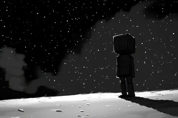 Wall Mural - a lonely block figure standing on a desolate lunar surface