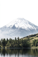 Wall Mural - Majestic snow-capped mountain rising above a serene forest and calm lake under a clear sky.