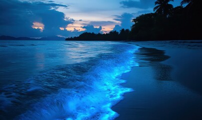 Wall Mural - bioluminescent waves gently lapping on a tropical beach at dusk.
