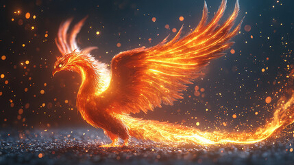 Wall Mural - Majestic phoenix rising from ashes fantasy realm digital art vibrant glow close-up mythical symbolism