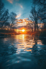 Wall Mural - A stunning sunset reflecting on a tranquil river, surrounded by bare trees, creating a serene and colorful natural landscape.