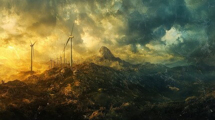Wall Mural - Wind turbines stand atop rugged hills beneath a dramatic sky