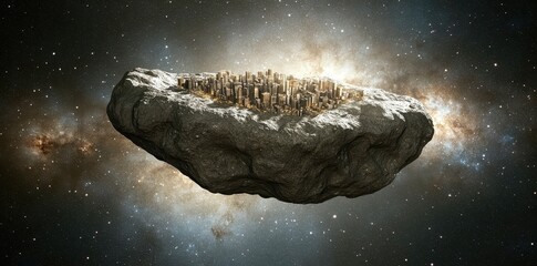 Wall Mural - a futuristic city resides on a floating asteroid in space
