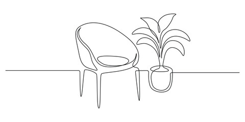 Aufkleber - Chair with home plant in continuous one line drawing. Modern room and home furniture in simple Linear style. Editable stroke. Doodle outline vector illustration