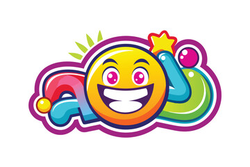 Poster - Cheerful and vibrant cartoon character illustration with colorful design and playful elements surrounded by leaves and a star at the top
