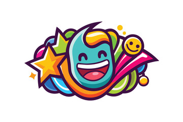 Poster - Cheerful and vibrant cartoon character illustration with colorful design and playful elements surrounded by leaves and a star at the top