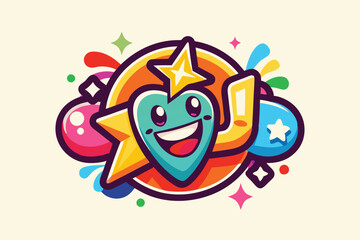 Poster - Cheerful and vibrant cartoon character illustration with colorful design and playful elements surrounded by leaves and a star at the top
