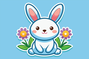 Poster - Cute white rabbit sitting among colorful flowers in a vibrant illustration showcasing a cheerful spring theme with a light blue background
