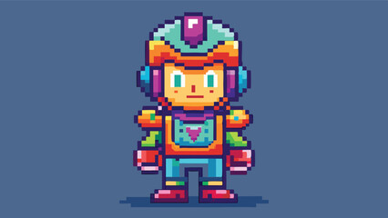 Leinwandbilder - Colorful retro-style pixel art character stands confidently in a simple background, showcasing vibrant colors and distinct features reminiscent of classic video games