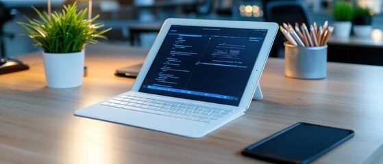 Modern Workplace:  A Programmer's Desk Setup with Tablet, Code, and Minimalist Decor