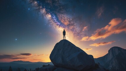 Wall Mural - Silhouetted individual stands on a boulder with a light beam gazing at the Milky Way and sunrise.