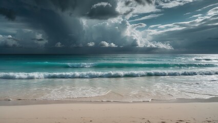 Wall Mural - Shore waves and white sand are beneath a dramatic dark cloudy sky on a summer day.