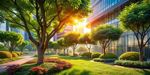 Wall Mural - Lush Office Garden: Tranquil Trees with High Depth of Field