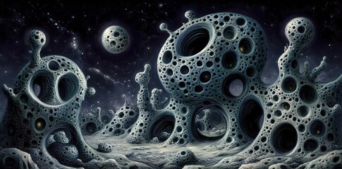 Wall Mural - alien landscape with structures and multiple celestial bodies in space