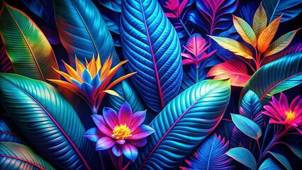 Wall Mural - Macro Neon Tropical Leaves & Glowing Flowers: Vibrant Digital Artwork