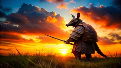 Wall Mural - Majestic Armadillo Samurai: Silhouette of Armored Creature with Katana