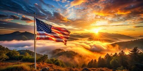 Wall Mural - majestic dawn flag: double exposure sunrise landscape photography