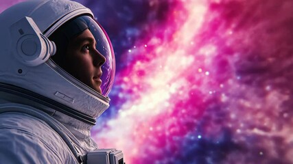 Wall Mural - astronaut in a white spacesuit looking into a starry pink nebula background space exploration and hu