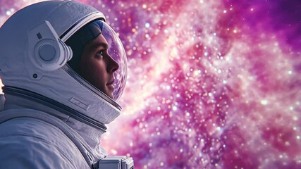 Wall Mural - astronaut in a white spacesuit looking into a starry pink nebula background space exploration and hu