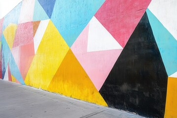 Poster - Colorful vector illustration of abstract geometric shapes with vibrant colors creating a lively mural design on a wall