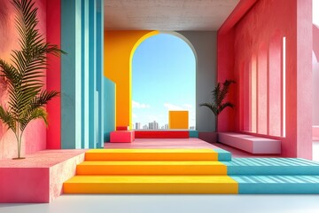 Poster - Bright and abstract vector illustration of an artistic interior space with colorful geometric shapes in a modern design efficiently blending different colors