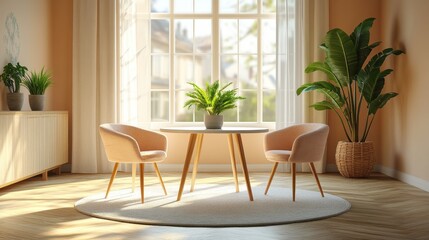 Aufkleber - Cozy interior design with a round table, soft chairs, and greenery in a sunlit room during morning hours