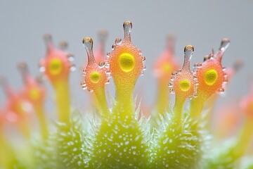 Poster - Close-up view of water droplets on green plant with fuzz capturing light in a serene natural setting