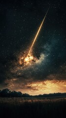 Wall Mural - a bright meteor streaks across the vast night sky above fields