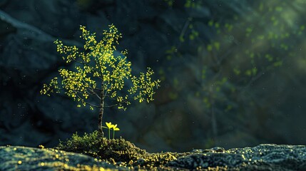 Wall Mural - hopeful beginnings, a young tree thrives among ancient rocks and moss