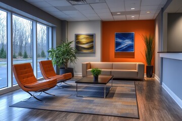 Aufkleber - Modern lounge area with contemporary furniture, stylish art, and natural light in a spacious interior design setting during early evening