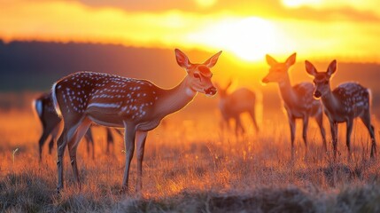 Poster - Fawn with antlers stands in golden sunlight while a herd of deer grazes peacefully in a grassy meadow during sunset in a serene natural environment