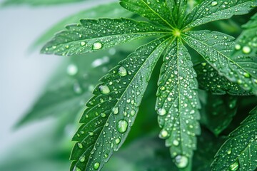 Aufkleber - Close-up view of fresh cannabis leaves covered in water droplets showcasing vibrant greenery and natural beauty