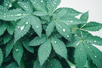 Aufkleber - Close-up view of fresh cannabis leaves covered in water droplets showcasing vibrant greenery and natural beauty