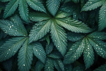 Aufkleber - Close-up view of fresh cannabis leaves covered in water droplets showcasing vibrant greenery and natural beauty