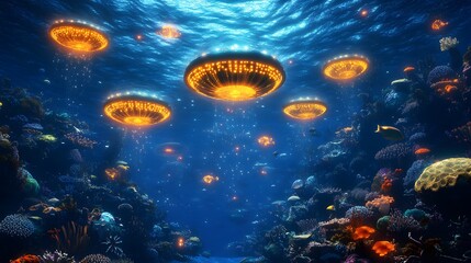 Wall Mural - a futuristic underwater city glowing in neon lights, surrounded by diverse marine life
