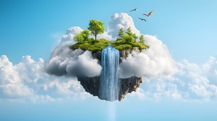 Wall Mural - a whimsical floating island with waterfalls pouring into the clouds and birds soaring around