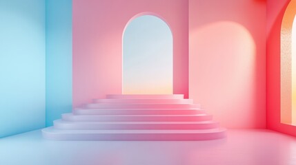 Poster - Bright and colorful vector illustration of a modern staircase leading to an abstract archway against a pastel backdrop