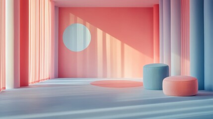 Poster - Bright and colorful vector illustration of a modern staircase leading to an abstract archway against a pastel backdrop
