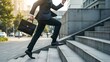 © PhotoMaster - Confident businessman running up stairs in an urban setting, holding a black briefcase. Symbolizing determination, motivation and career success in a corporate environment