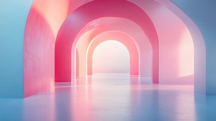 Poster - Bright and colorful vector illustration of a modern staircase leading to an abstract archway against a pastel backdrop