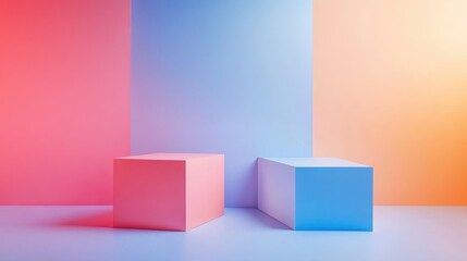 Poster - Bright and colorful vector illustration of a modern staircase leading to an abstract archway against a pastel backdrop