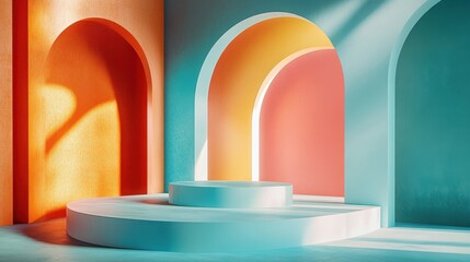 Aufkleber - Colorful abstract illustration of curved architectural elements with vibrant hues and soft shadows in a modern indoor space