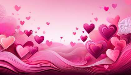 Wall Mural - pink hearts border pattern wave background, flying hearts illustration for valentine day greeting ca