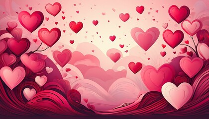 Wall Mural - pink red hearts background, cute flying hearts illustration for valentine day greeting card invitati