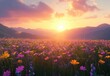 © ANUAR - Vibrant Sunset Over Lush Flower Field with Mountainous Horizon and Colorful Blooms Illuminated by Warm Golden Light