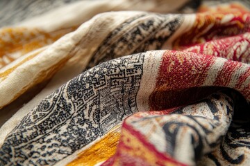 Poster - Elegant textile featuring intricate patterns and rich color tones, showcasing fine craftsmanship and intricate designs for decorative purposes