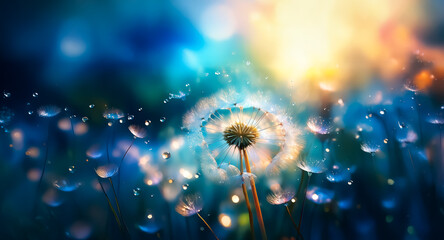Wall Mural - a dandelion seed head is surrounded by glistening water droplets, illuminated by soft, warm light an