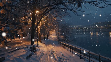Wall Mural - illuminated winter wonderland path alongside a tranquil river at dusk