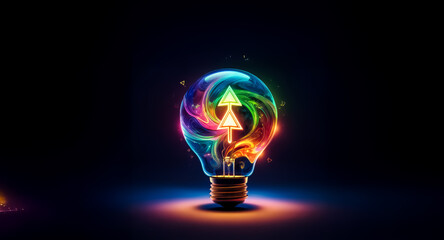 Wall Mural - a luminous lightbulb radiates on a dark backdrop, filled with swirling vivid colors and two arrows p