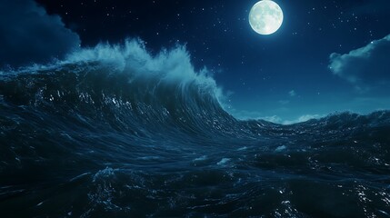 Fototapete - Majestic night ocean waves under a glowing moon and starry sky.